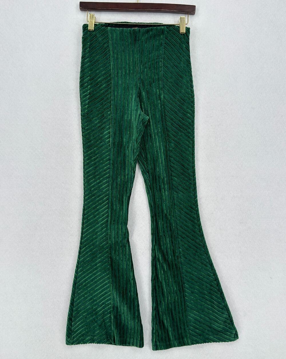 Free People Penny Green Velvet Cotton Blend Retro Flared Pull On Pants Sz S